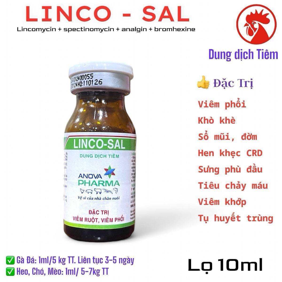 Linco - Sal chai 100ml tiêm (Spec+Linco+Analgin+Brom) trị CRD Viêm Phổi Hô hấp  khò khè sổ mũi trên 