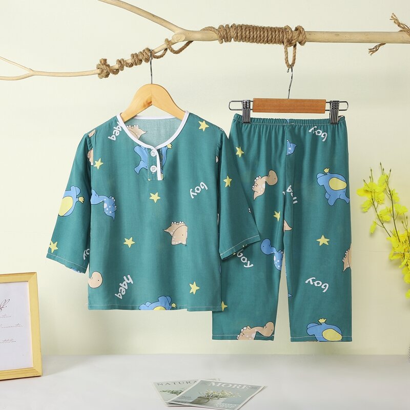 Bé Gái Khủng Long Hoạt Hình Đồ Ngủ Dài Tay Mỏng Cotton, Vải Bông Lụa Bộ Quần Áo Gia Đình Bộ Đồ Điều Hòa Cho Mùa Hè Quần Áo Trẻ Em