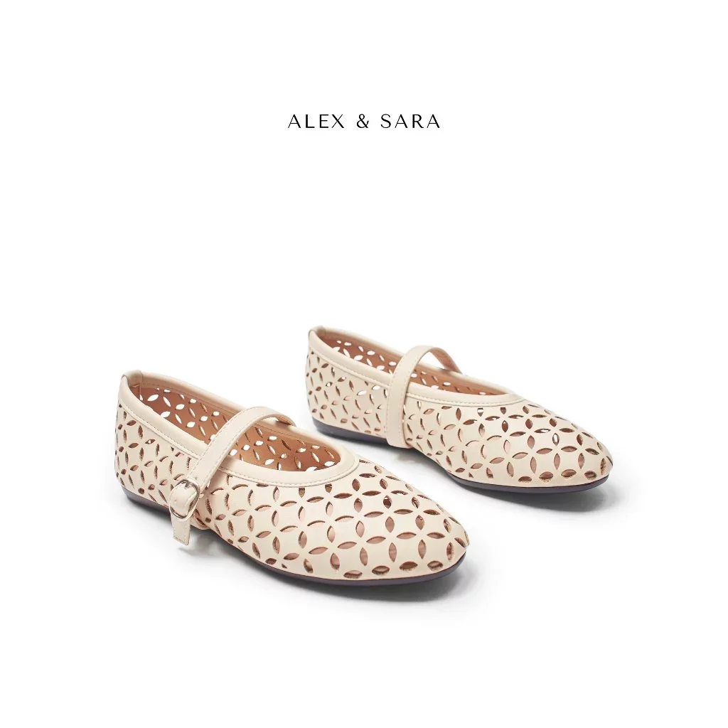 Giày búp bê nữ đế bệt dẻo, mũi tròn chất da mềm thiết kế khắc lazer thời trang | ALEX & SARA - BB01