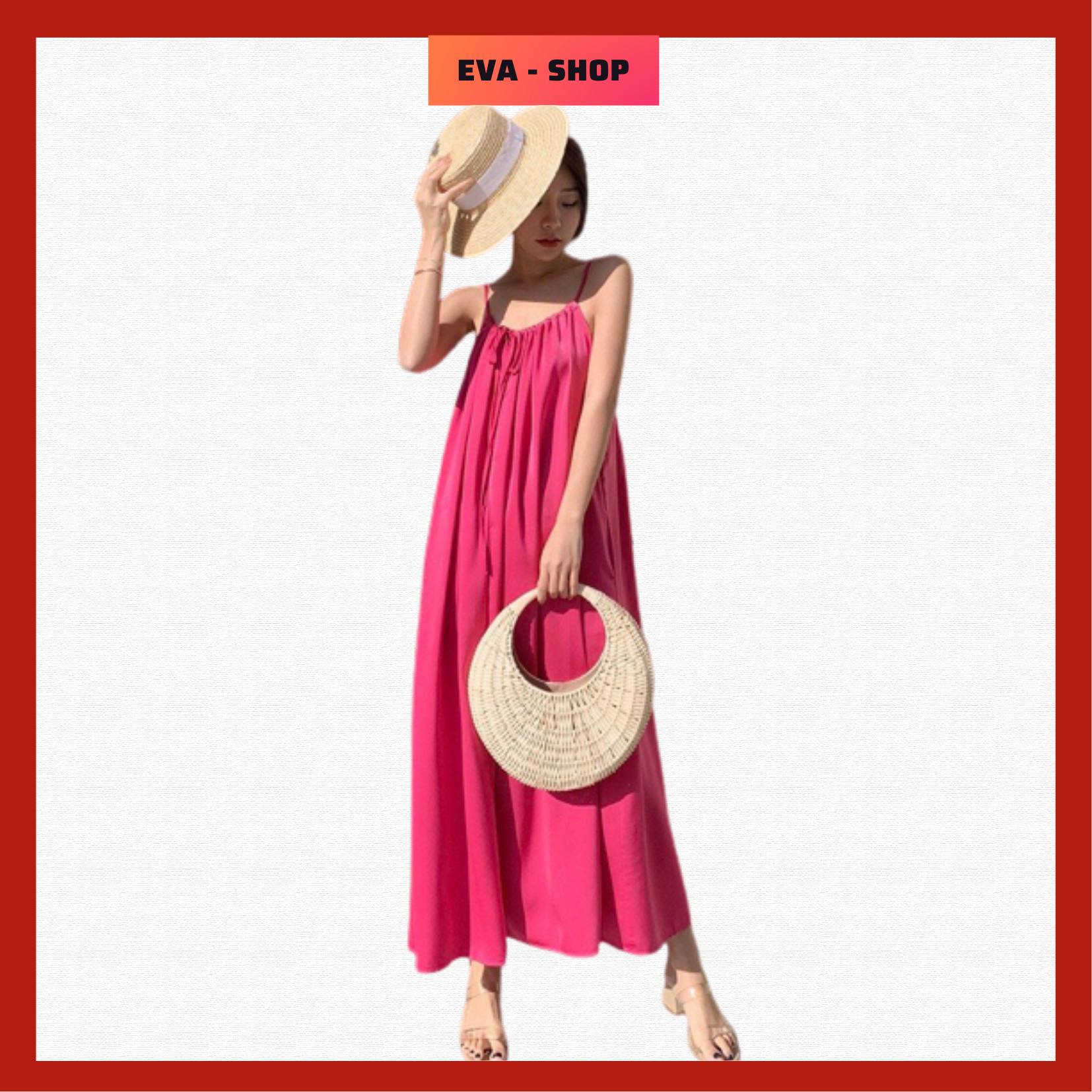 Đầm maxi 2 dây đi biển,đầm suông dài form rộng , dây rút điều chỉnh được , 2 túi chất liệu tằm ý