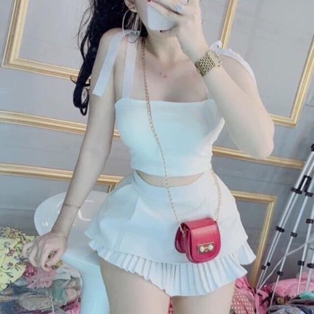 [ TIỂU THƯ ] SET ÁO 2 DÂY CỘT DÂY NƠ RUY BĂNG CHÂN VÁY HAI TẦNG DẬP LY