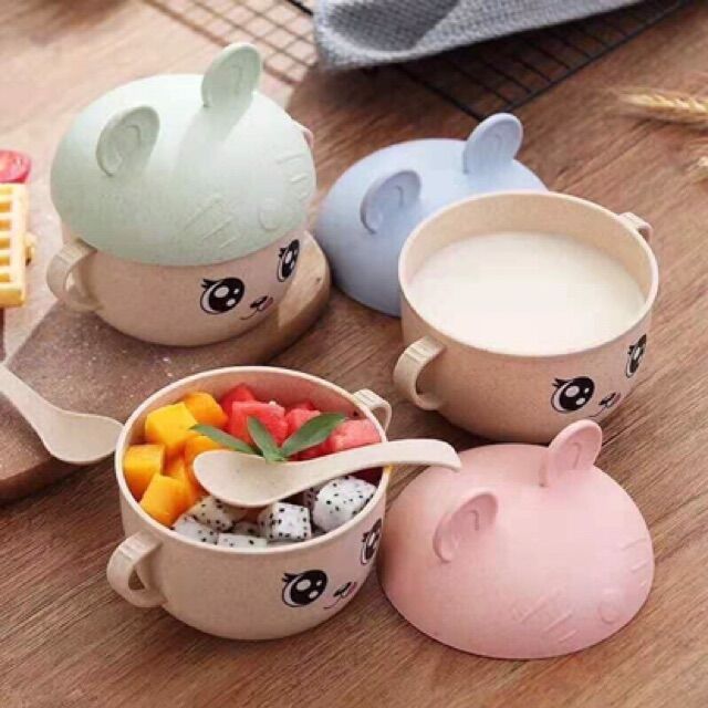 Bát ăn dặm lúa mạch hình thú kèm nắp đậy và thìa cho bé