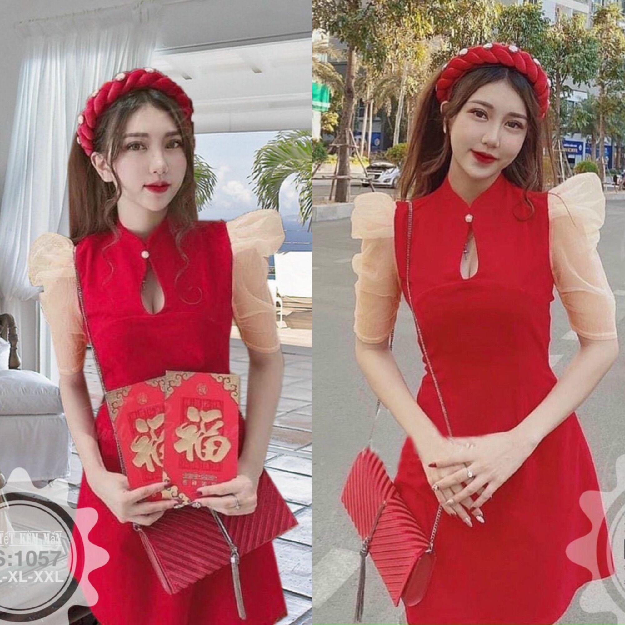 Đầm Tết kèm mấn màu đỏ, đen