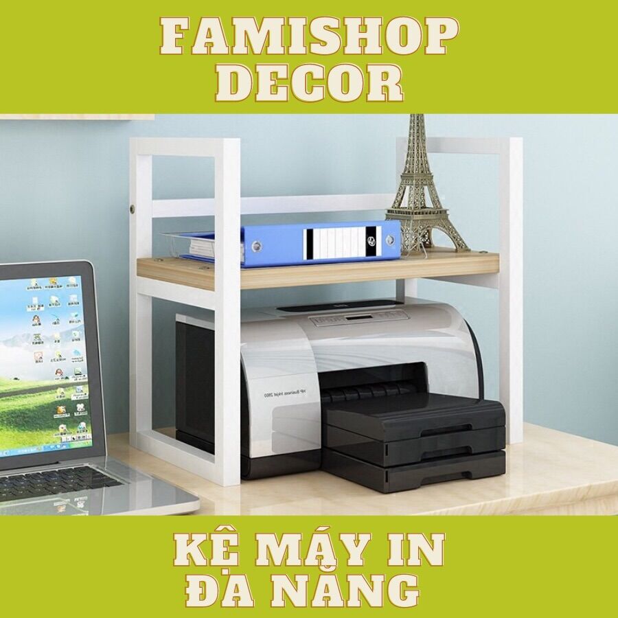 Kệ máy in mini đa năng để bàn đa năng chân sắt mặt gỗ màu kem