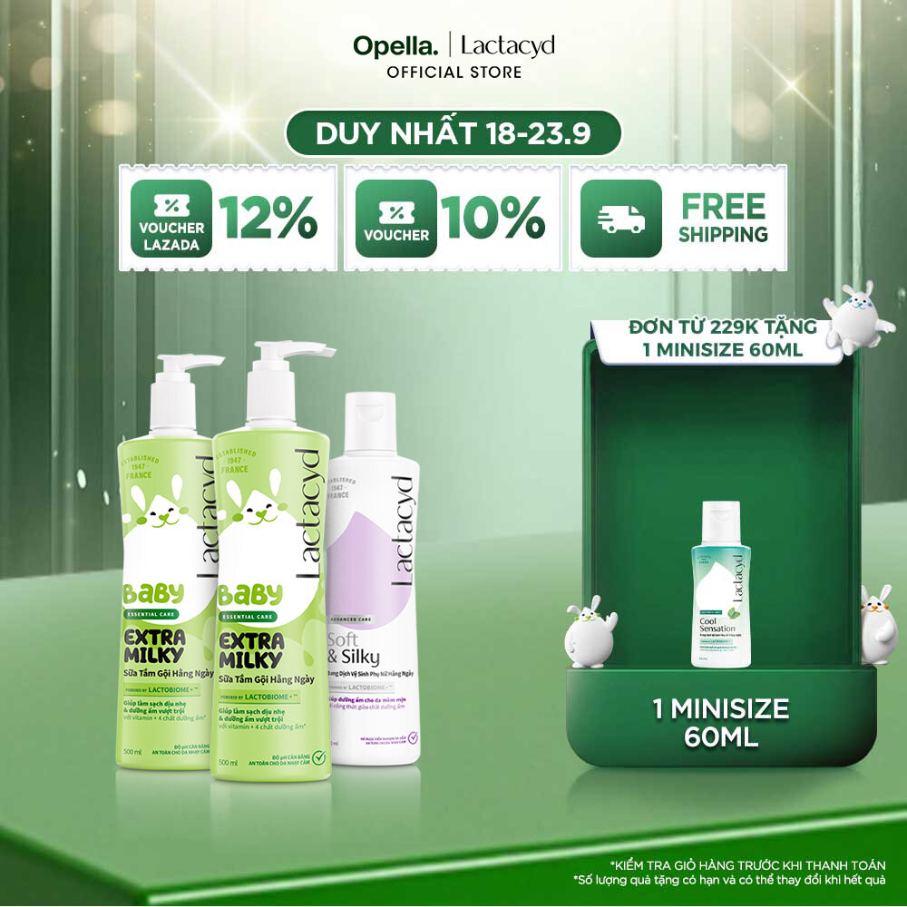 Bộ 2 chai Sữa Tắm Gội Trẻ Em Lactacyd Baby Extra Milky 500ml+ 1 Dung Dịch Vệ Sinh Soft  Silky Dưỡng Ẩm 250ml