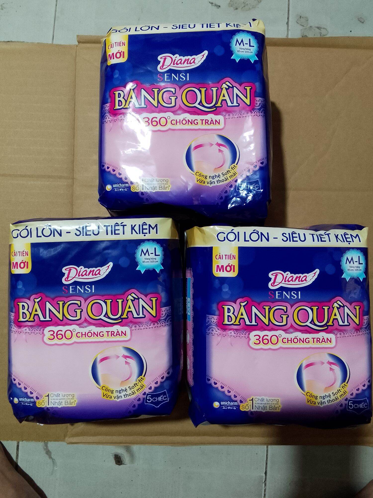 Combo 3 gói Diana sensi băng quần size M-L 5 miếng/gói vòng hông 85 - 105 cm chống tràn