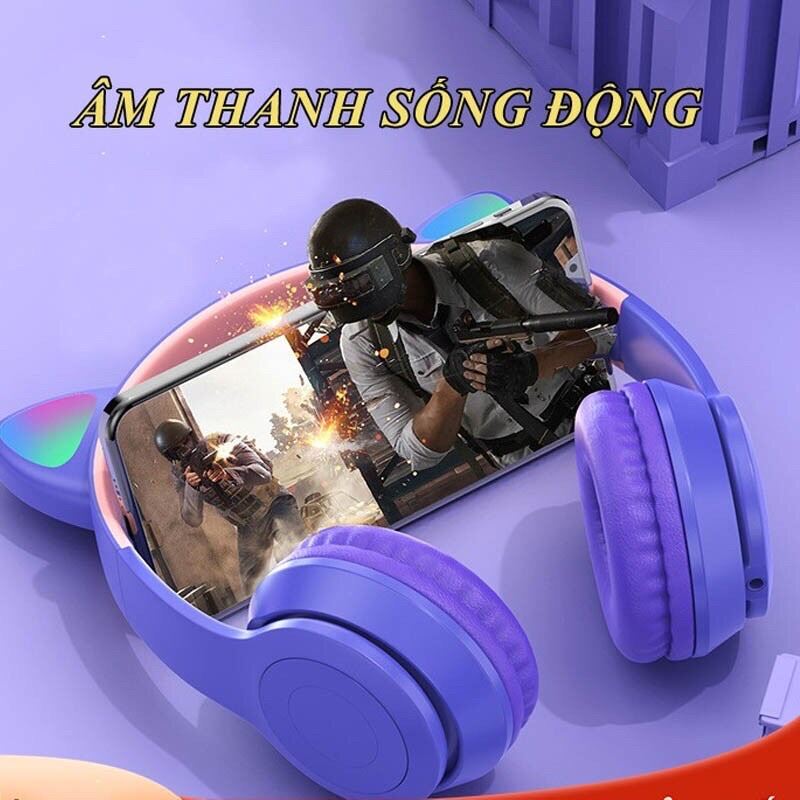 Tai Nghe Mèo Chụp Tai Không Dây Bluetooth Dễ Thương Kute Có Mic Đàm Thoại,Âm Bass Mạnh Mẽ Pin Trâu Có Thể Gấp Gọn