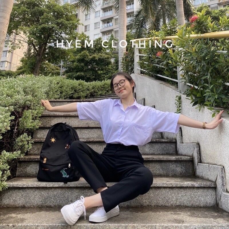 Set áo trắng tay lỡ quần tây đi học