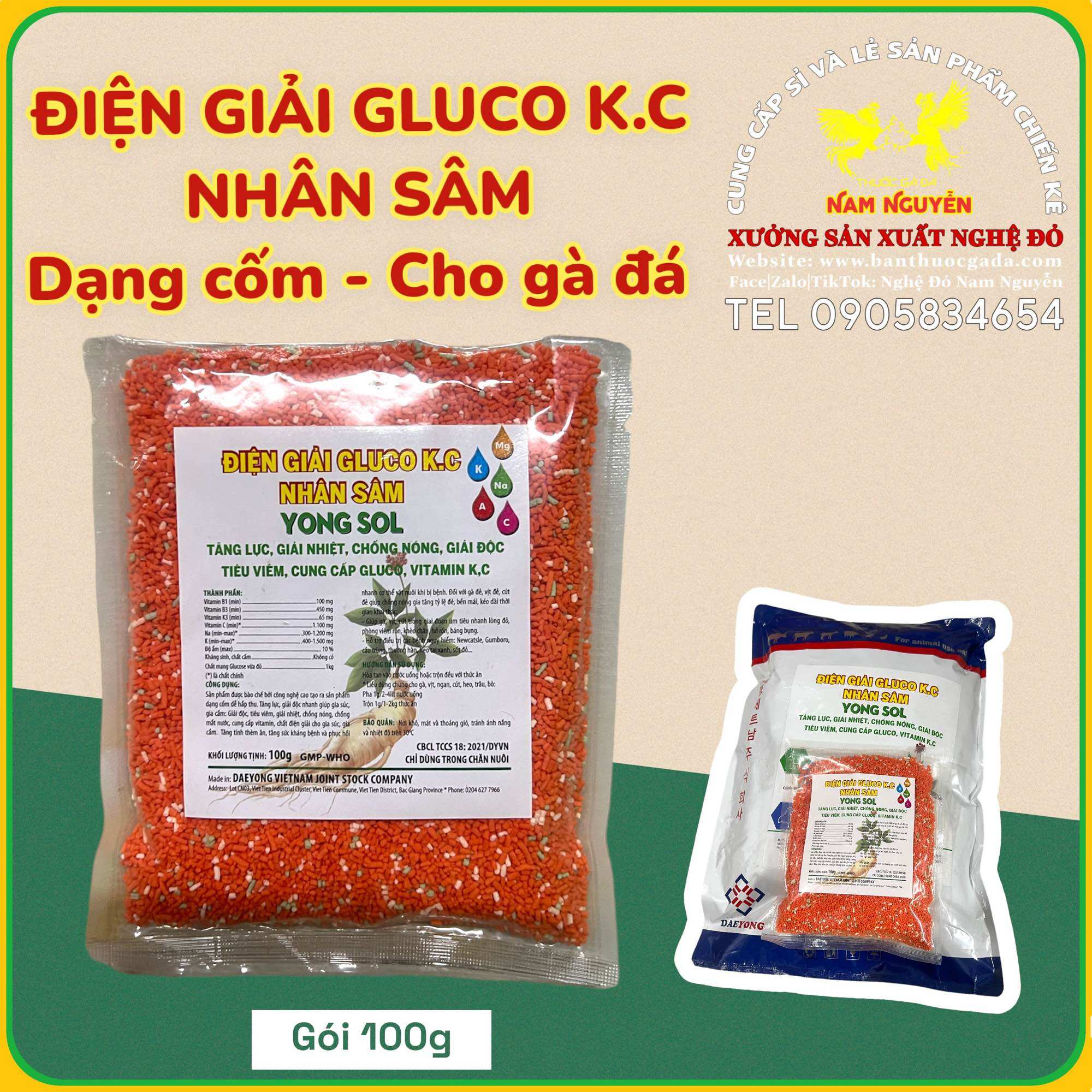 Điện giải gluco k.c nhân sâm cho gà đá dạng cốm. hàng thú y vn