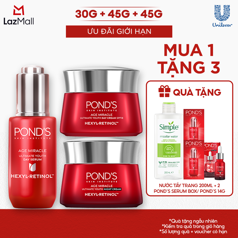VC 15% tối đa 70K đơn 399K Combo Serum ngày và 2 Kem dưỡng ngày & đêm Pond's Age Miracle mờ đốm nâu nếp nhăn với 50X Hexyl-Retinol 30G+45G+45G