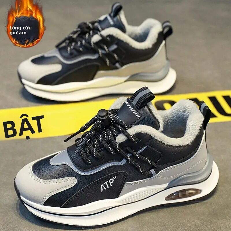 Nam Mùa Đông Lông Cừu Cotton Thể Thao Ấm Áp Chạy Bộ Bố Giày Trung Học Bé Trai Đế Cao Su Đế Polyurethane