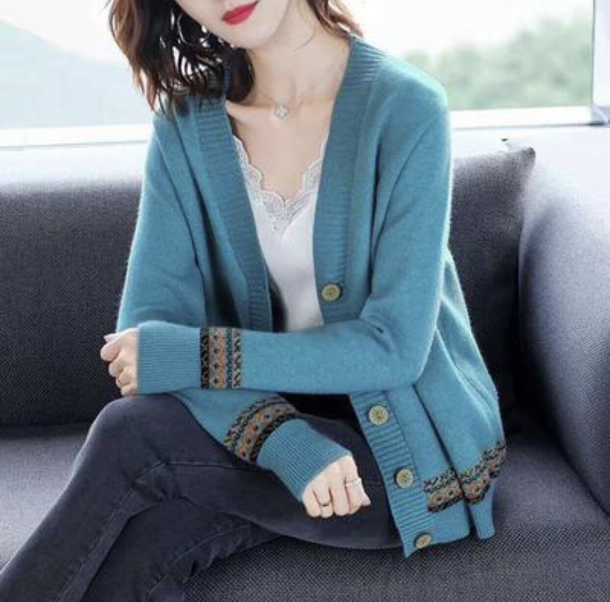 Áo khoác cardigan nữ Anas Ya shop, áo khoác len hoạ tiết thổ cẩm