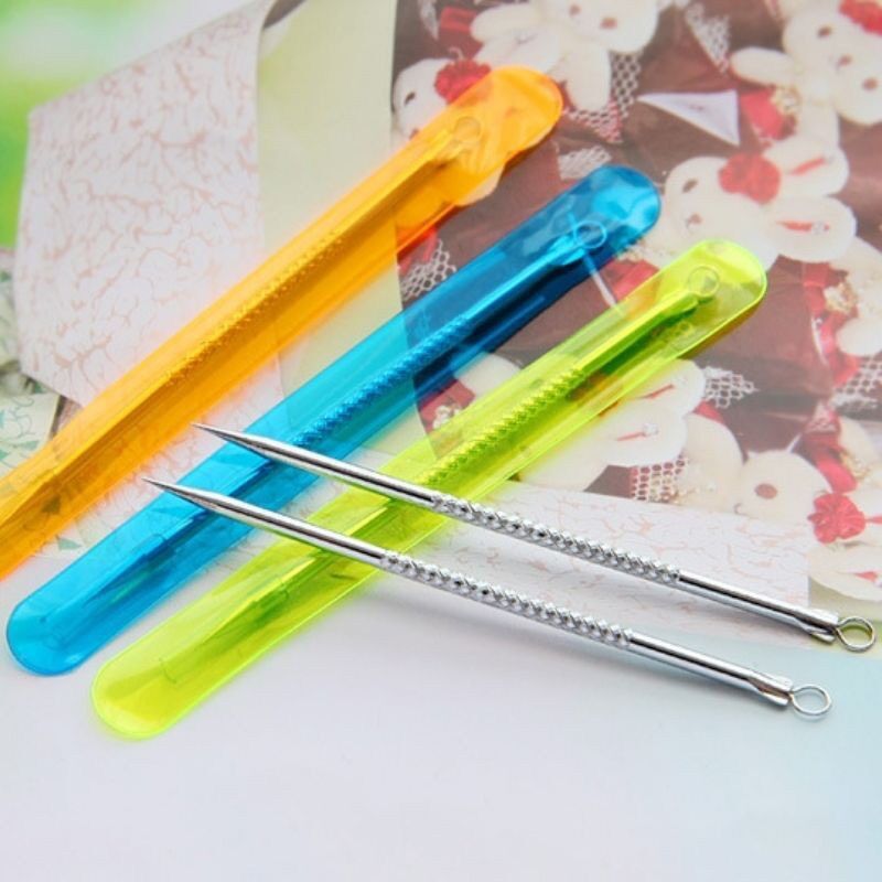 Cây que nặn mụn 2 đầu - que nặn mụn  inox (có bao đi kèm)
