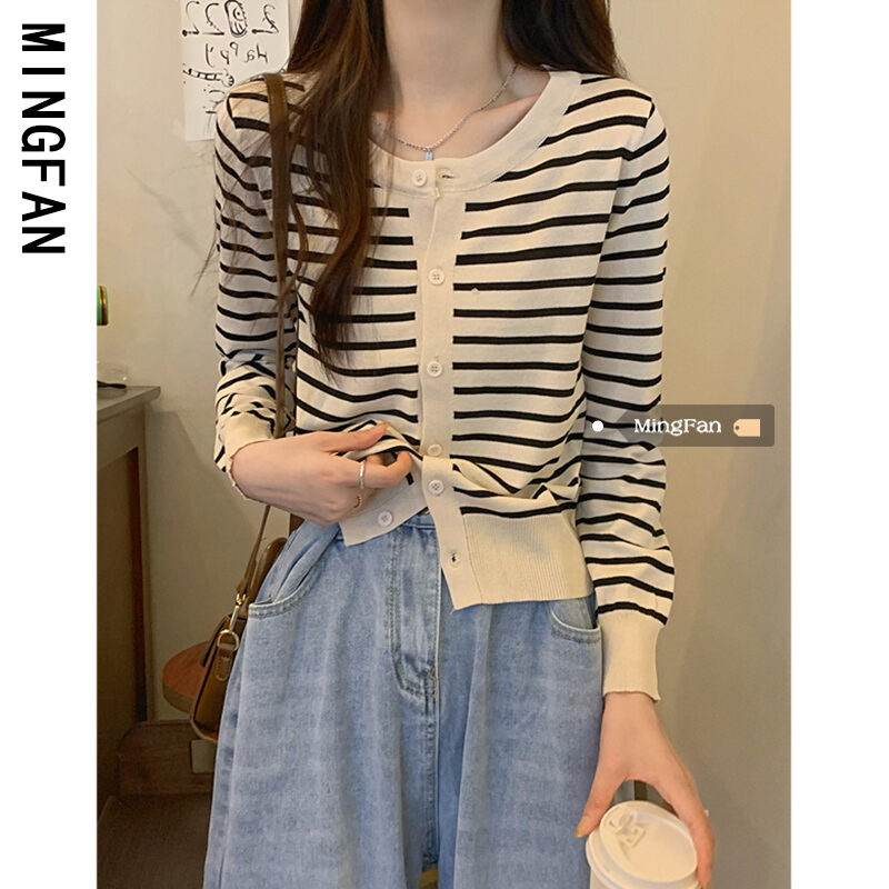 Áo Len Dệt Kim Cổ Tròn Tay Dài Ngắn Cổ Điển Mùa Xuân Thu Cho Nữ Áo Khoác Ngoài Ngắn Kẻ Sọc Màu Trơn Phong Cách Hàn Quốc