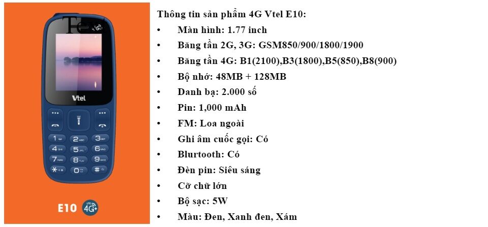 Điện thoại 4G  Vtel (2sim) chính hãng fullbox