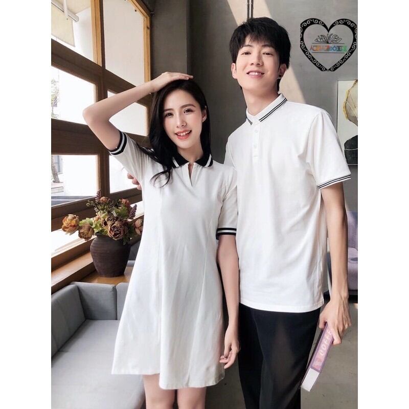 Set Váy+Áo thun đôi nam nữ viền cổ POLO(có 2 màu đen+ trắng)