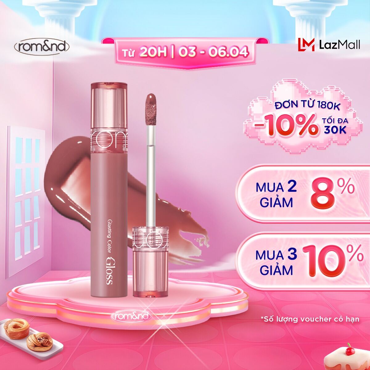 [Rom&nd] [CREAM NUDE] Son tint bóng căng mọng Romand Glasting Color Gloss 4g