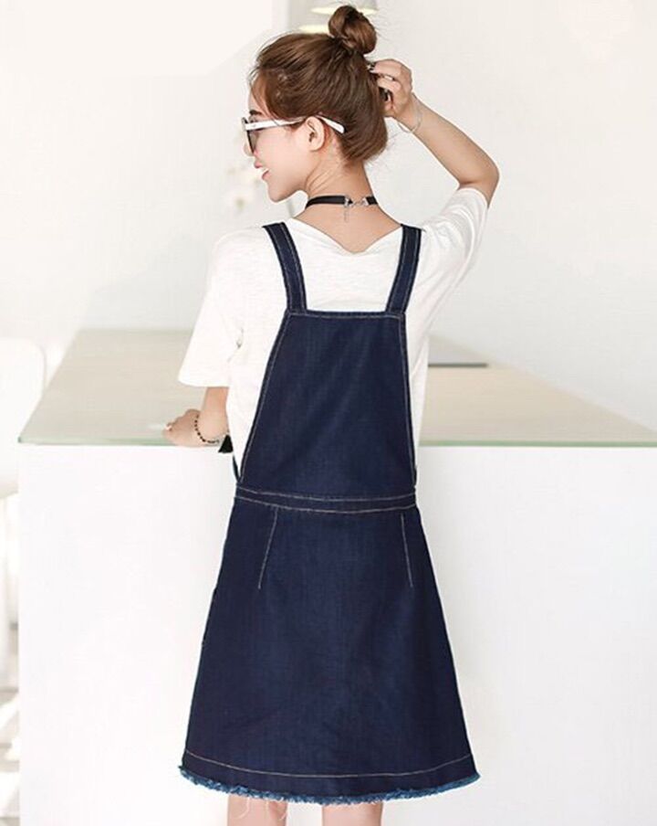 Đầm Yếm Jean Nữ Cài Nút Dọc Phối Túi