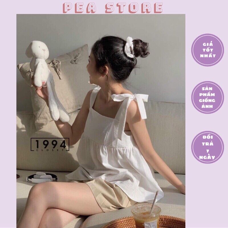 Set áo 2 dây babydoll đũi thô thắt nơ vai Pea Store