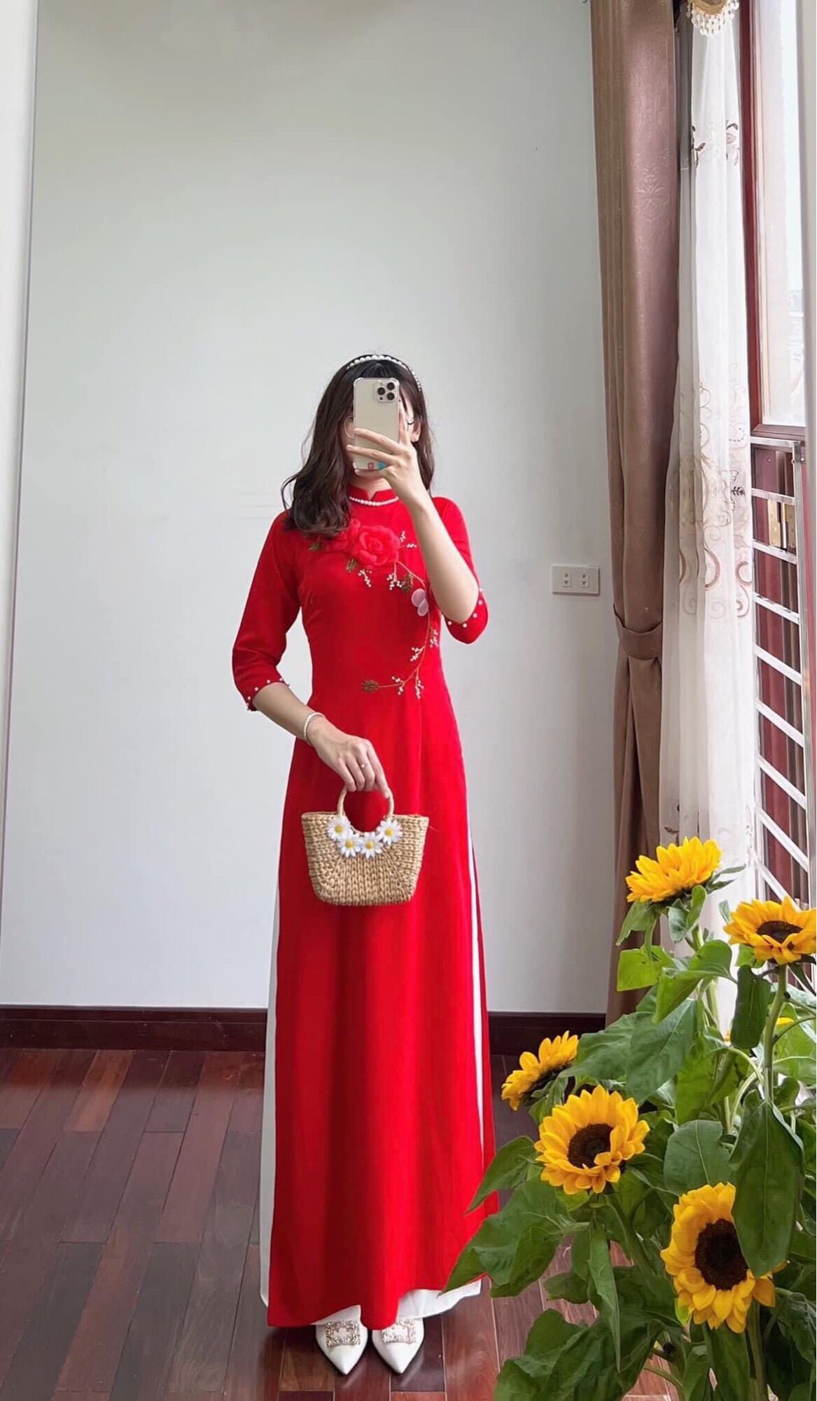 Áo Dài Cổ 2 cm vải Lụa mỹ thêu hoa 3B