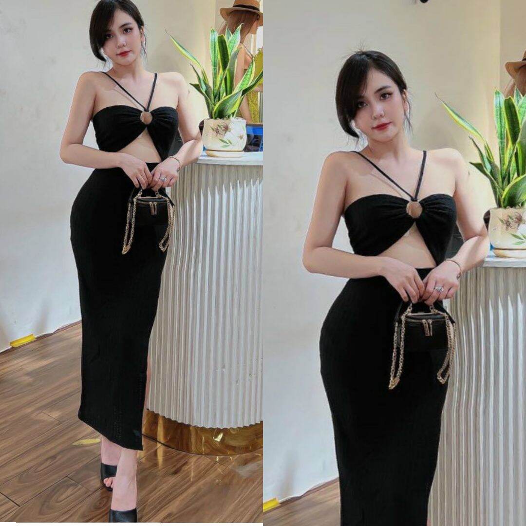 Đầm Cúp Ngực Hở Eo Xẻ Tà Thun gân