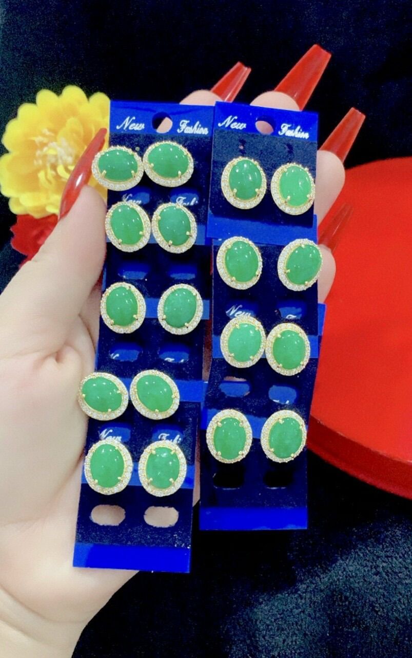 Bông tai cẩm thạch xanh mạ vàng 18k cao cấp