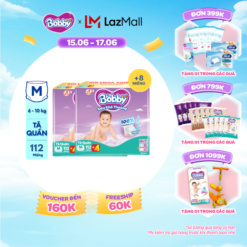 [Từ 22-23 tặng QUÀ TO-SLCH][TẶNG MIẾNG NGẪU NHIÊN] Combo 2 Tã/bỉm quần Bobby 3mm Mega Jumbo Siêu khô thoáng M112