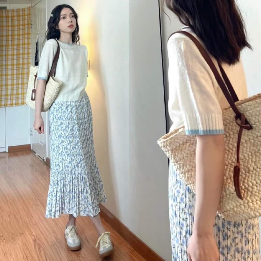 chân váy midi hoa nhí dập li ảnh thật