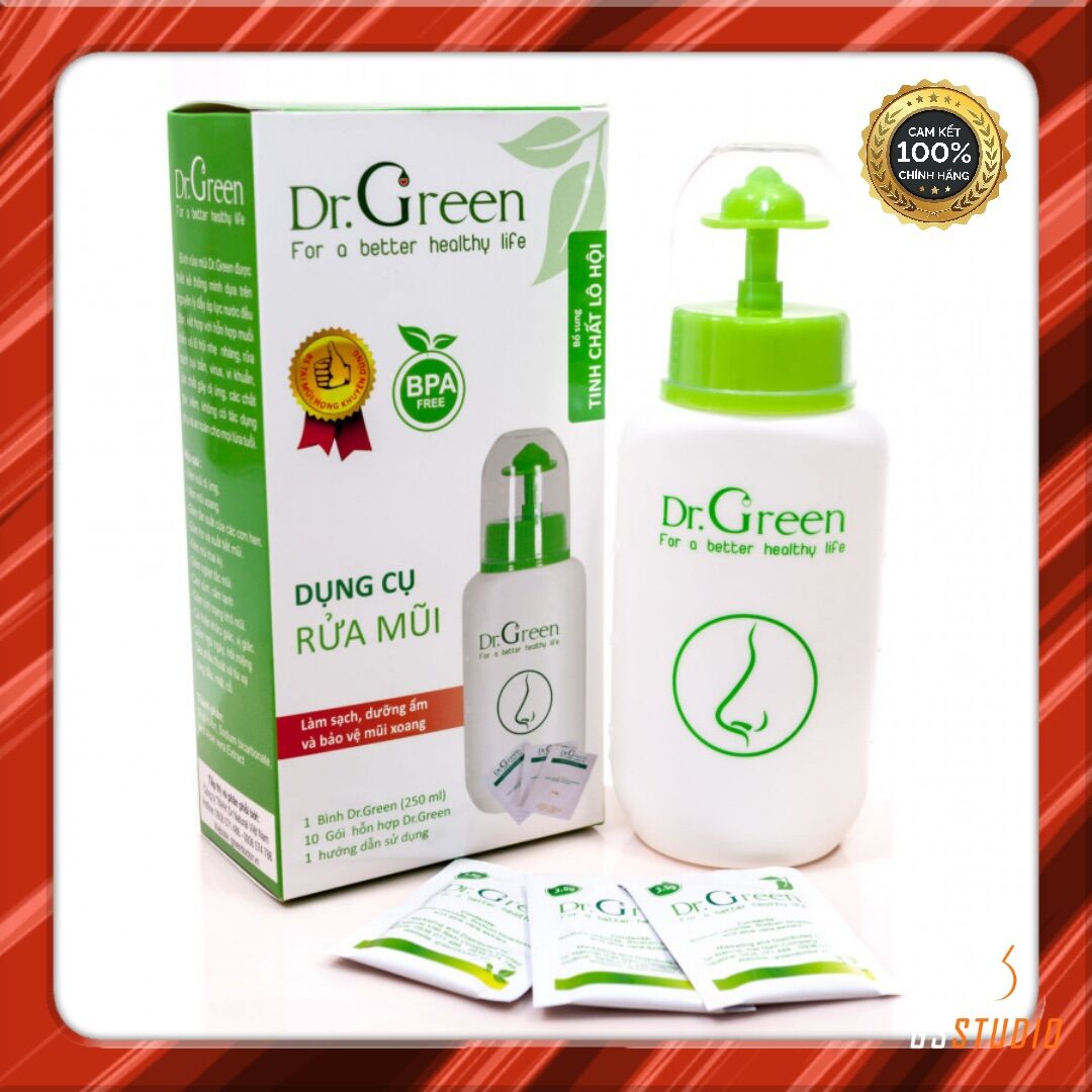 - bình xịt rửa mũi dr.green 240ml + 10 gói muối muối biển nha đam hỗ trợ làm sạch đường hô hấp
