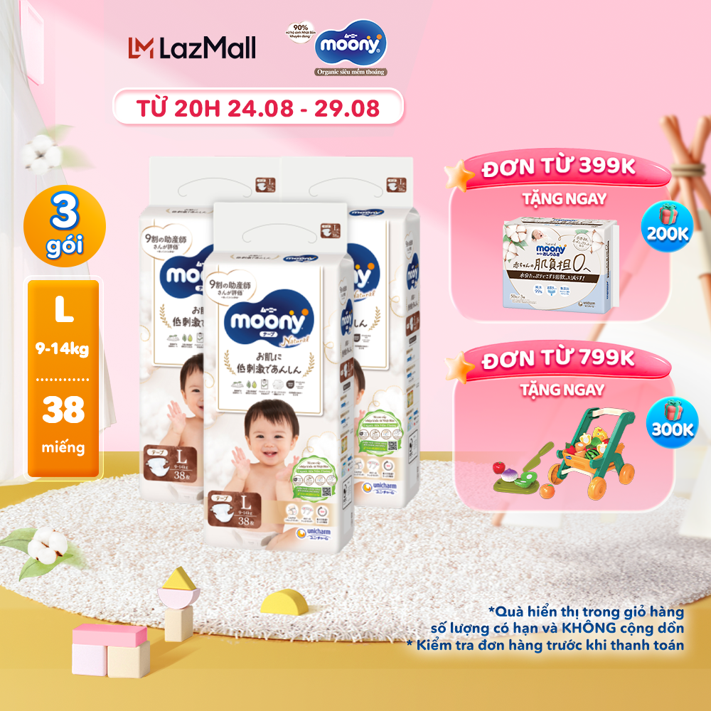 Combo 3 Tã/Bỉm dán organic siêu cao cấp Moony Natural đủ size NB62/S58/M46/L38