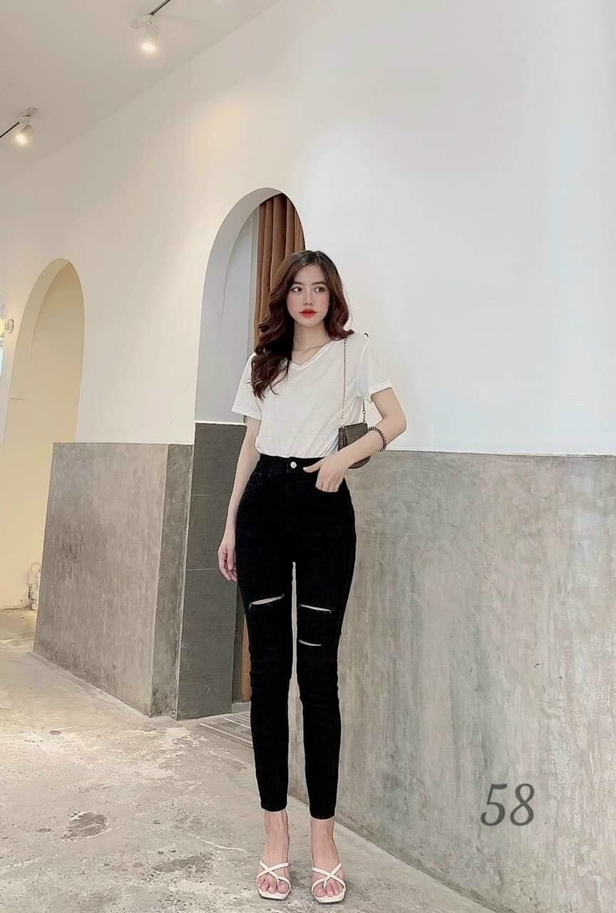 Jeans dài lưng cao co giãn rách 3line