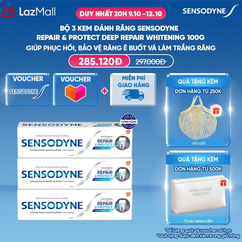 Bộ 3 Kem đánh răng SENSODYNE Repair & Protect Deep Repair Whitening 100g phục hồi, bảo vệ răng ê buốt và làm trắng răng