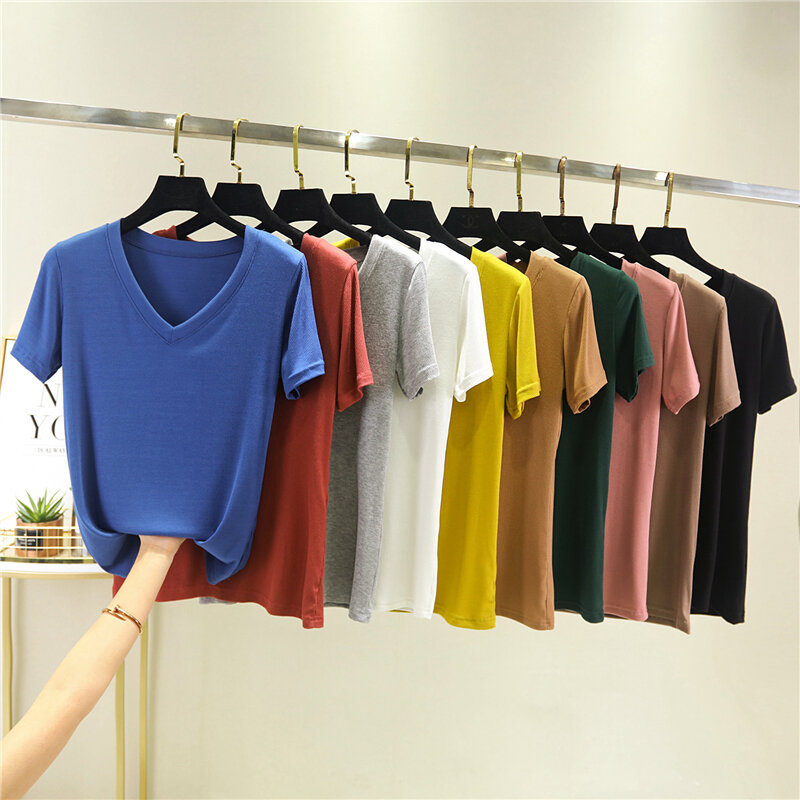Áo Cổ Chữ V Áo Phông Tay Ngắn Tôn Dáng Gầy Dễ Phối Mùa Hè Cho Nữ Áo Mặc Trong Vải Modal Cỡ Lớn Màu Trơn Ôm Dáng Mặc Trong Mỏng Tay Lỡ