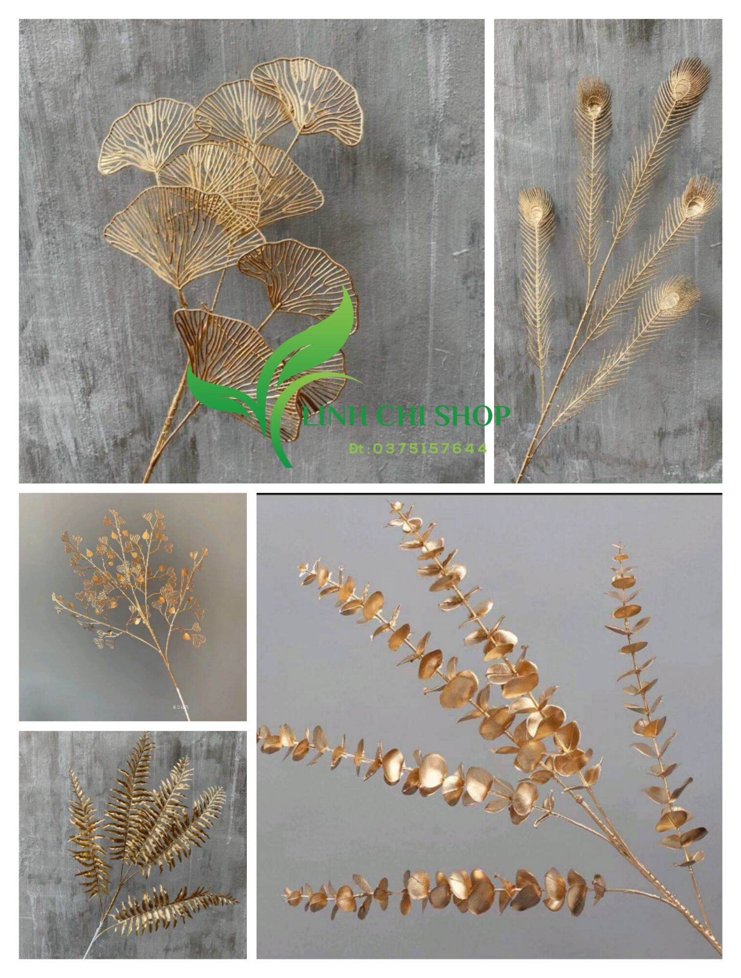 Cành Lá táo, lá tim , lá dương xỉ, rẻ quạt , lông công màu vàng đồng _hoa giả, hoa lụa