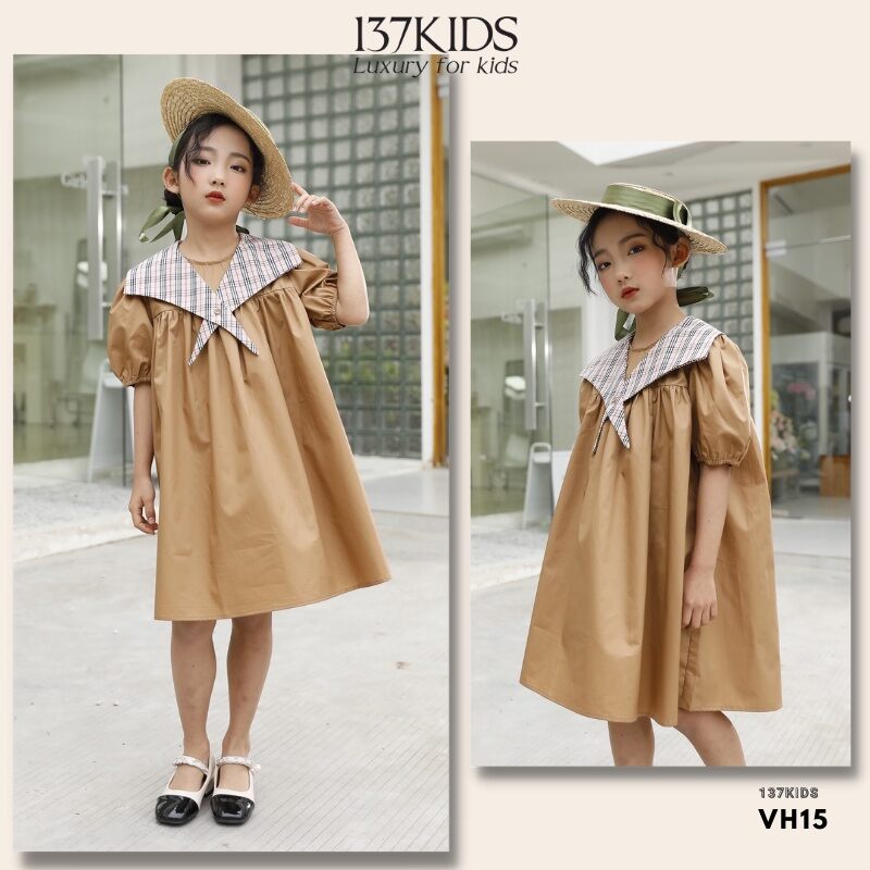 Váy thiết kế cao cấp babydoll cổ sen sang chảnh cho bé gái