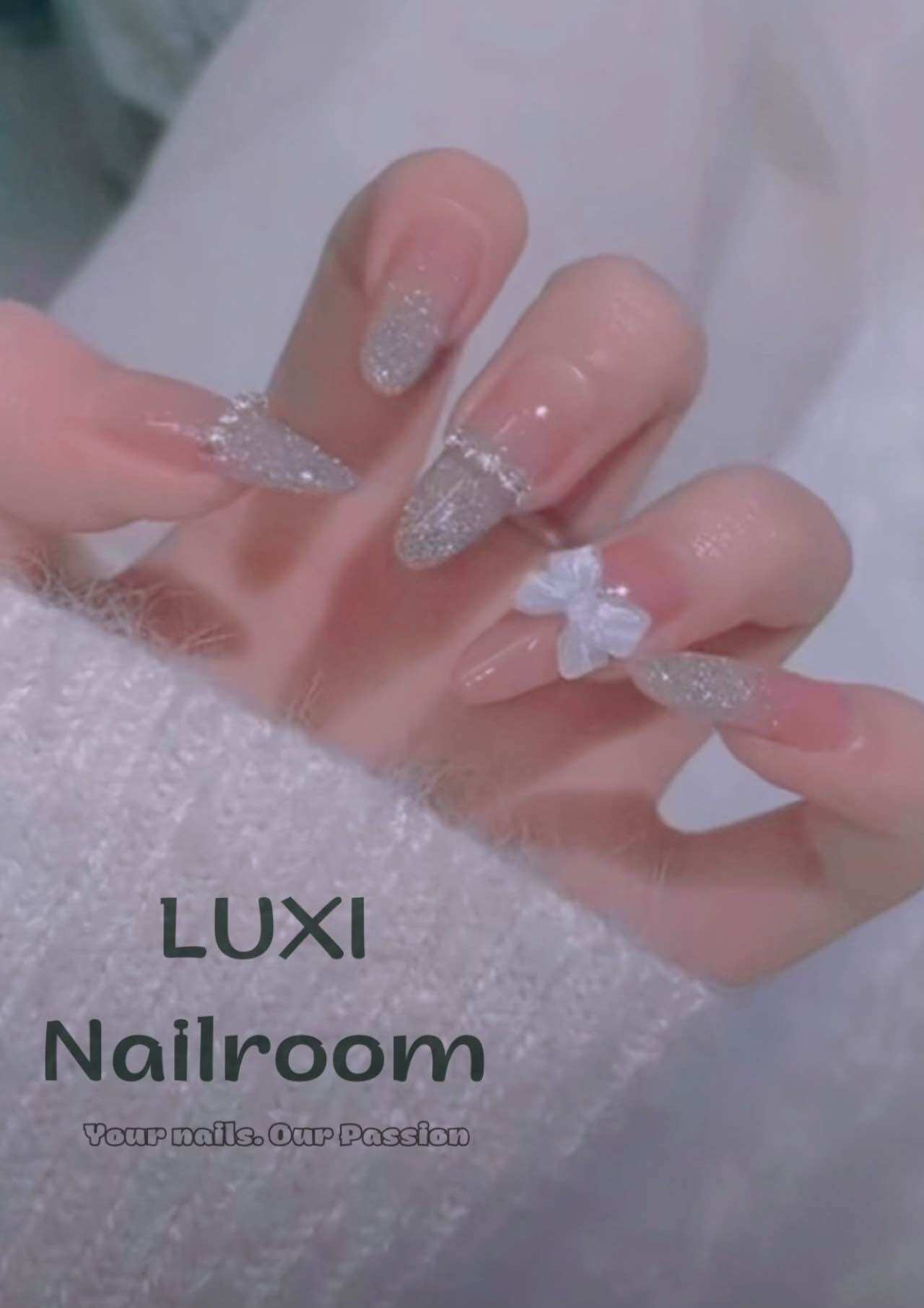 Nailbox - móng úp thiết kế thủ công mẫu thạch hồng lấp lánh, charm nơ