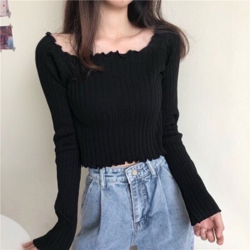 Áo Croptop Trễ Vai Dài Tay Len Mỏng
