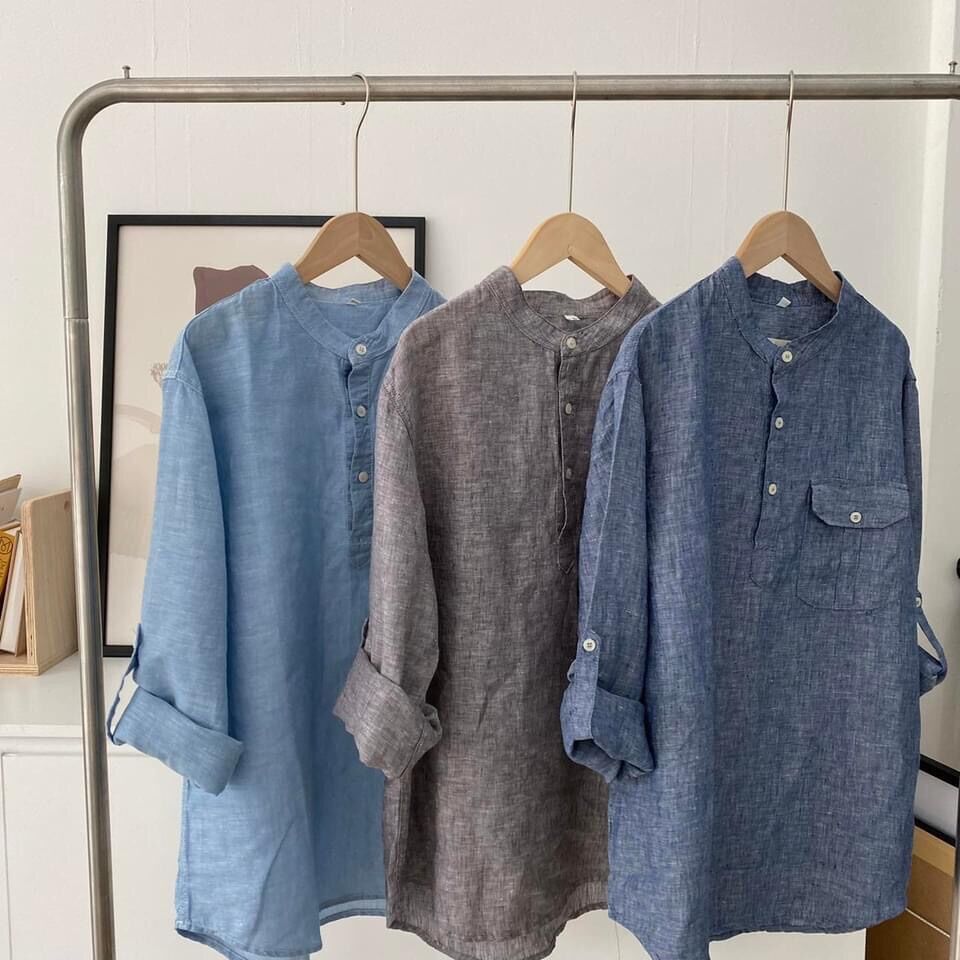 Áo sơ mi nam linen tưng cổ trụ tay dài