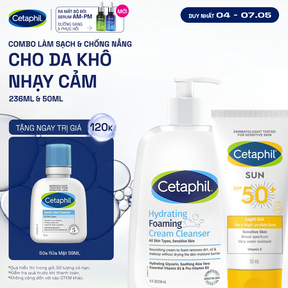 Combo Làm sạch  Chống nắng cho da khô - Sữa Rửa Mặt Tạo Bọt Cetaphil Hydrating Foaming 236ml + Gel chống nắng SPF 50+ 50ML