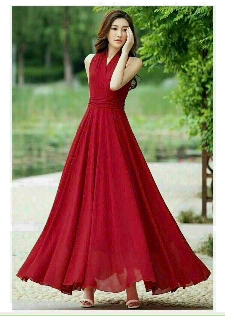 Đầm maxi cổ V sát nách đai eo xếp li