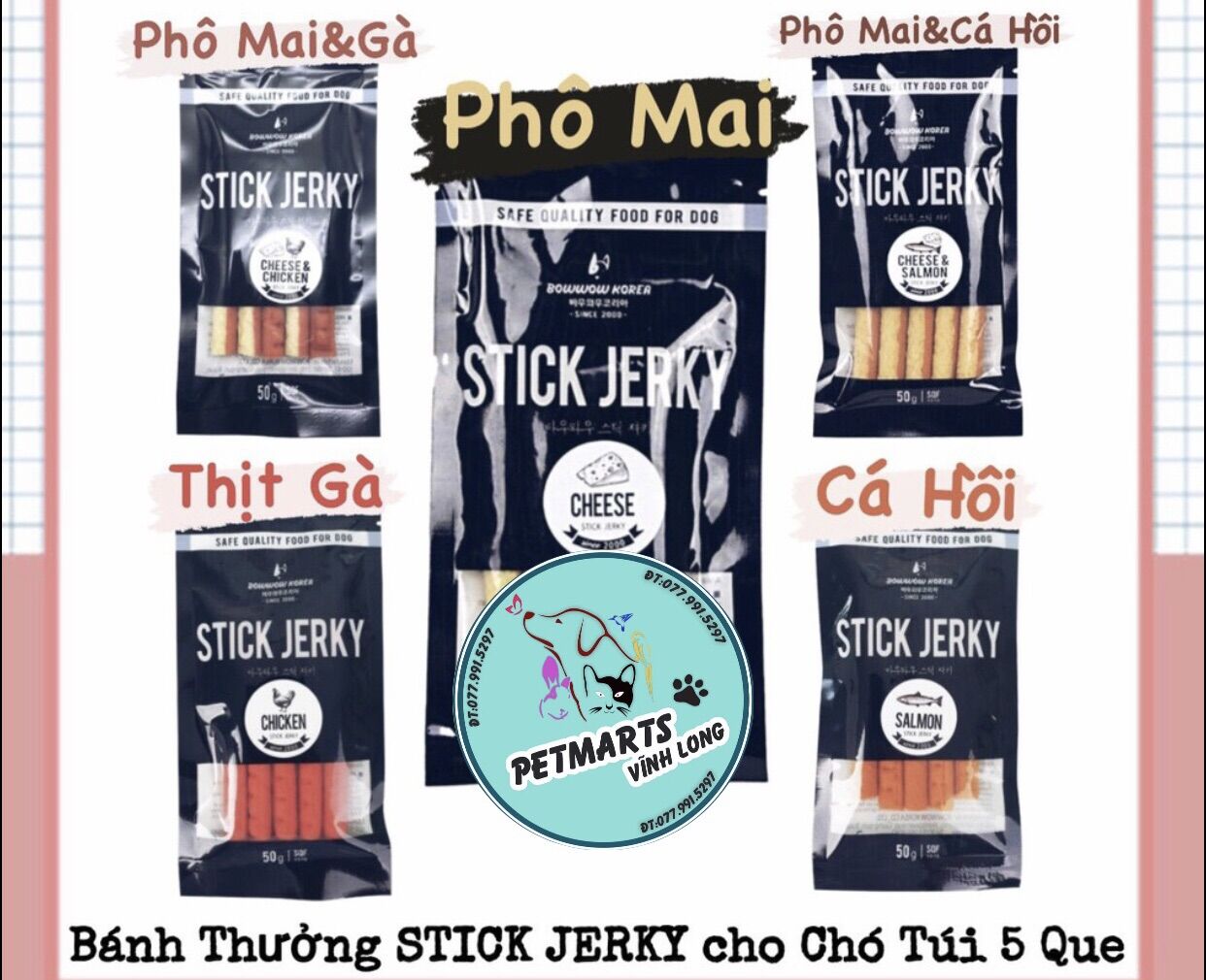 Bánh thưởng cho chó bowwow stick jerky túi 5 que gói 50gr|