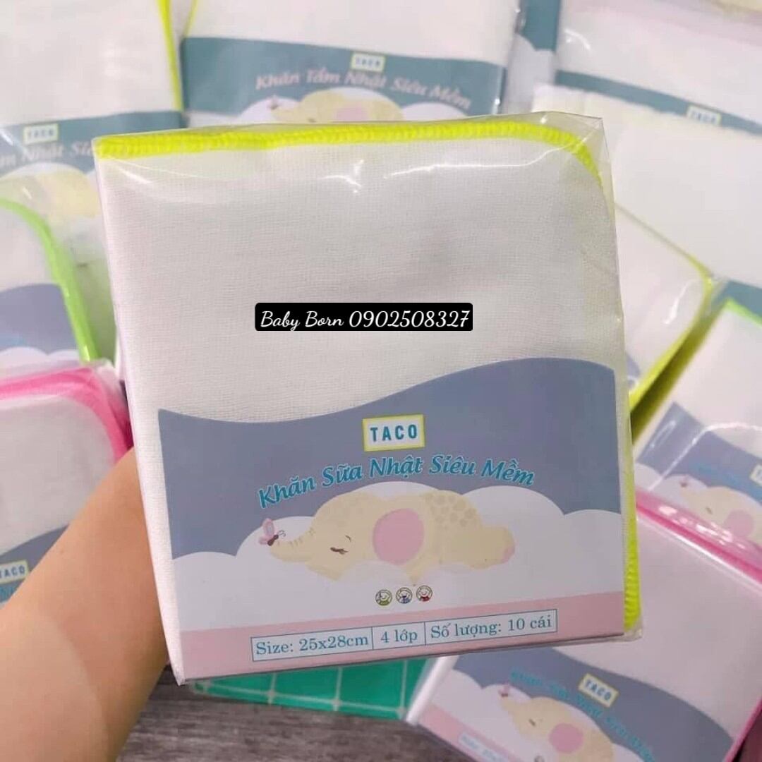 Set 10 khăn sữa Taco Nhật cao cấp siêu mềm mịn, 4 lớp, kích thước 25x28cm