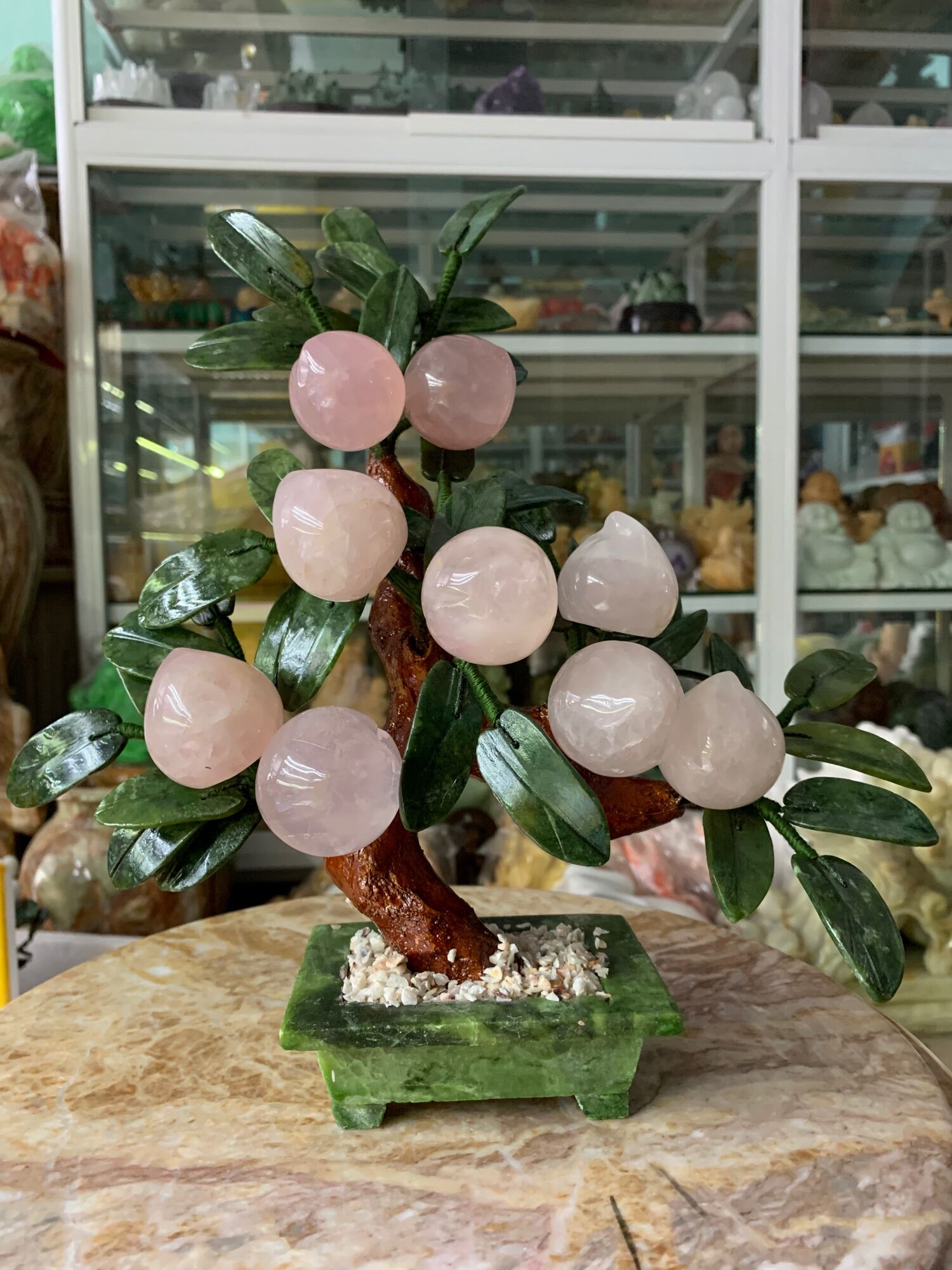 Cây đào tài lộc 9 quả đá thạch anh hồng - cao 30cm