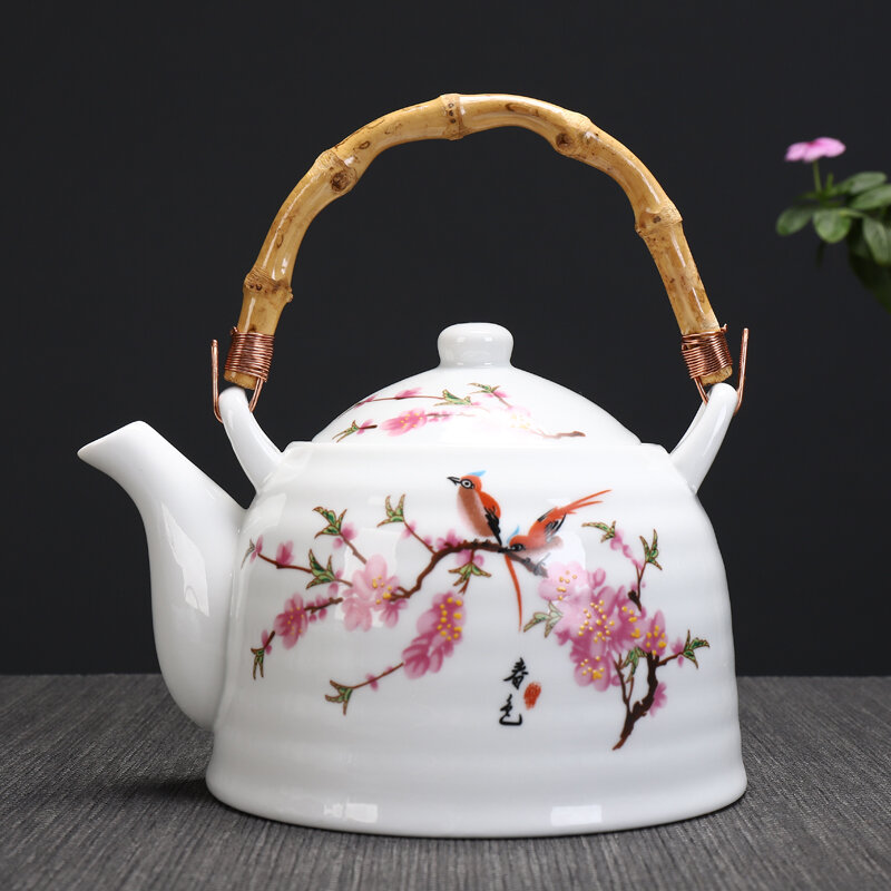 Large Capacity Ceramic Teapot Loop-Handled Teapot Kettle Teapot 1000 Jingdezhen High Grade and White Porcelain Restaurant Teapot