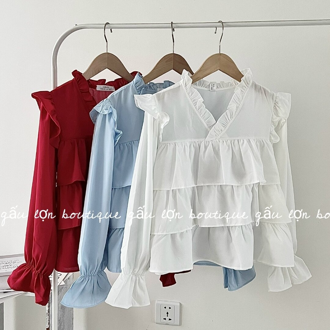 áo babydoll cổ v bèo 3tầng tiểu thư