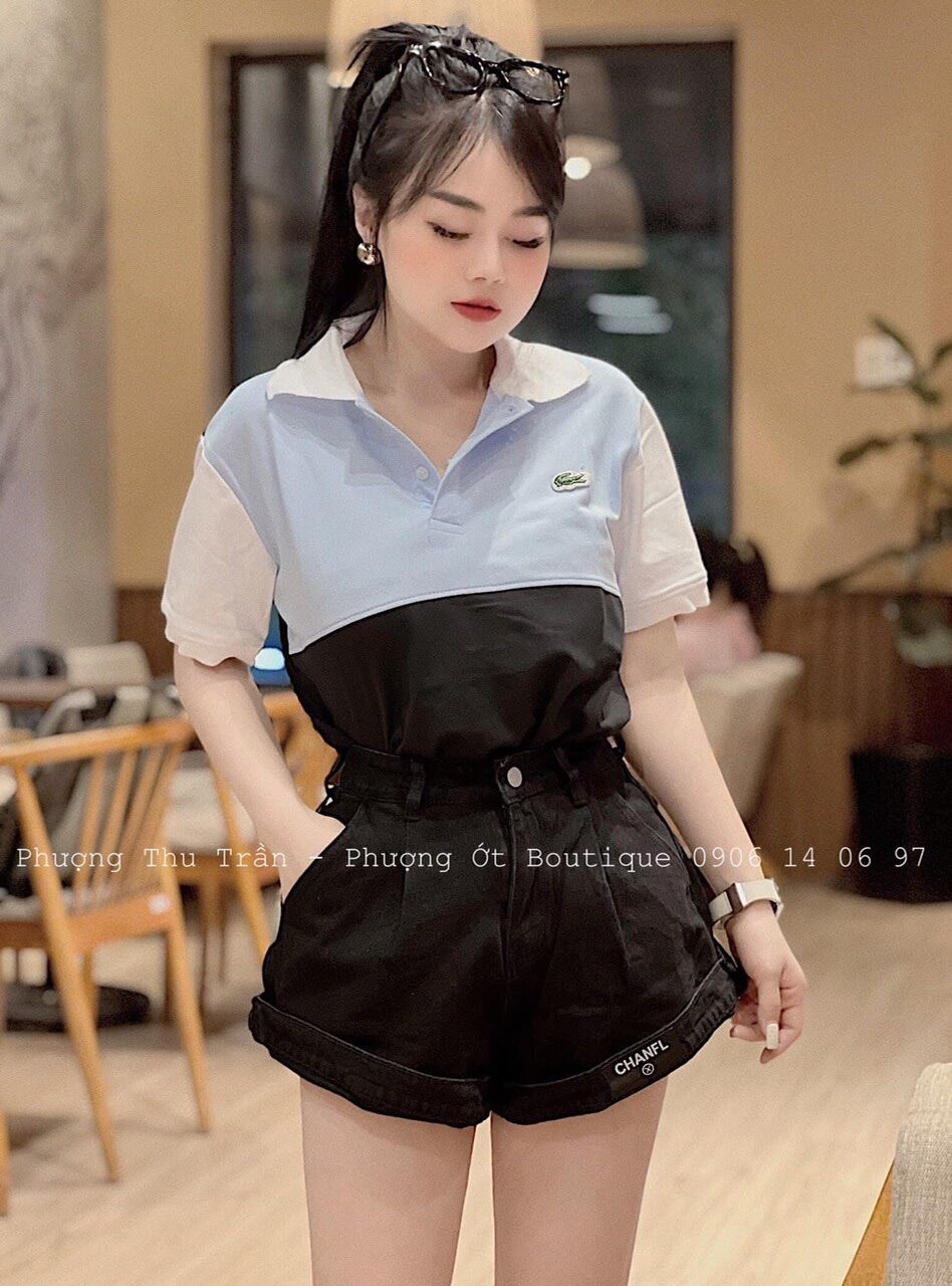 thun polo cá sấu cổ bẻ phối màu xanh cam đen