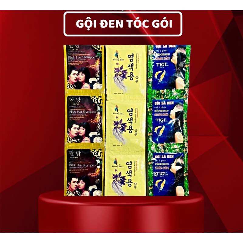 Sỉ dầu gội đen tóc dây 10 gói - phủ bạc tại nhà - gội là đen tigi + nhân sâm hàn quốc gói 23ml