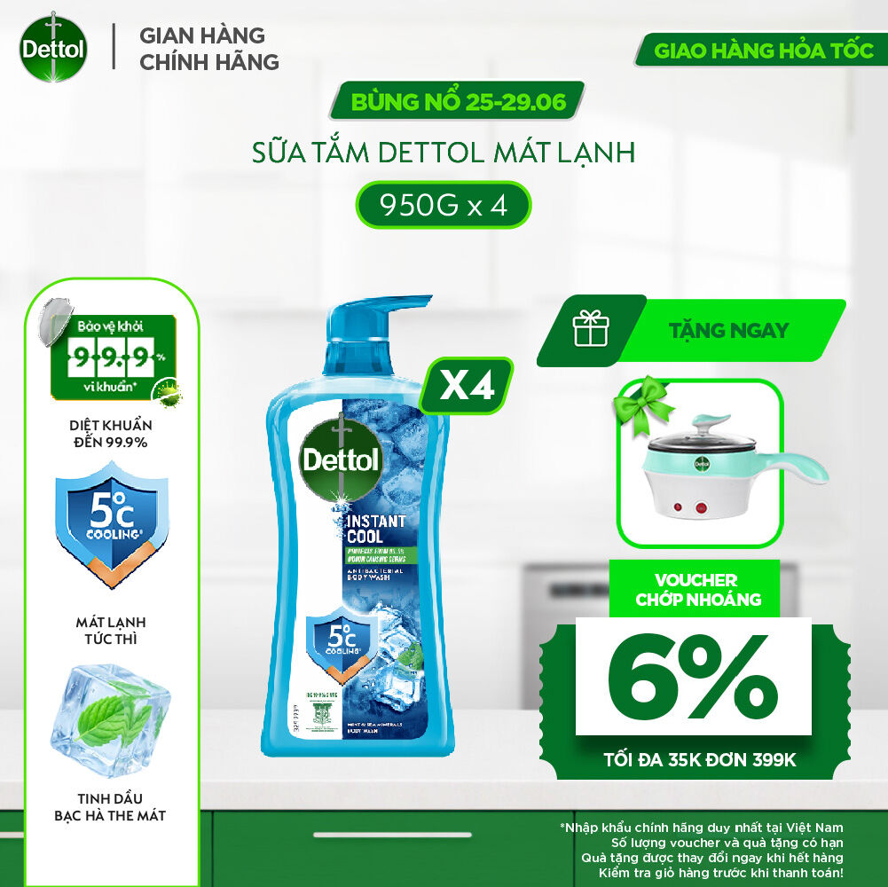 Combo 4 chai sữa tắm Dettol mát lạnh tức thì - chai 950g