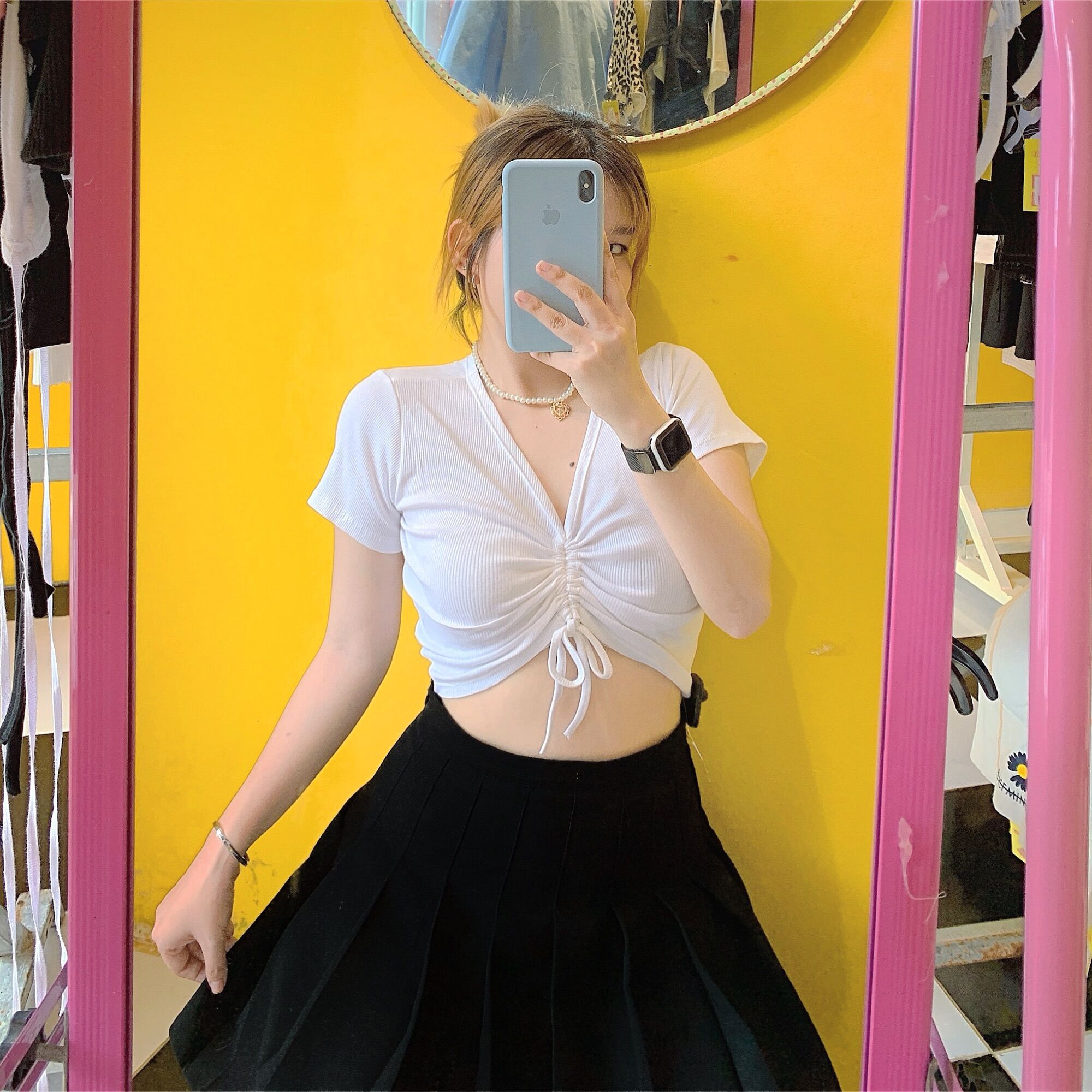 Áo croptop rút dây giữa gân co giãn siêu đẹp ( ẢNH THẬT - CLIP THẬT )