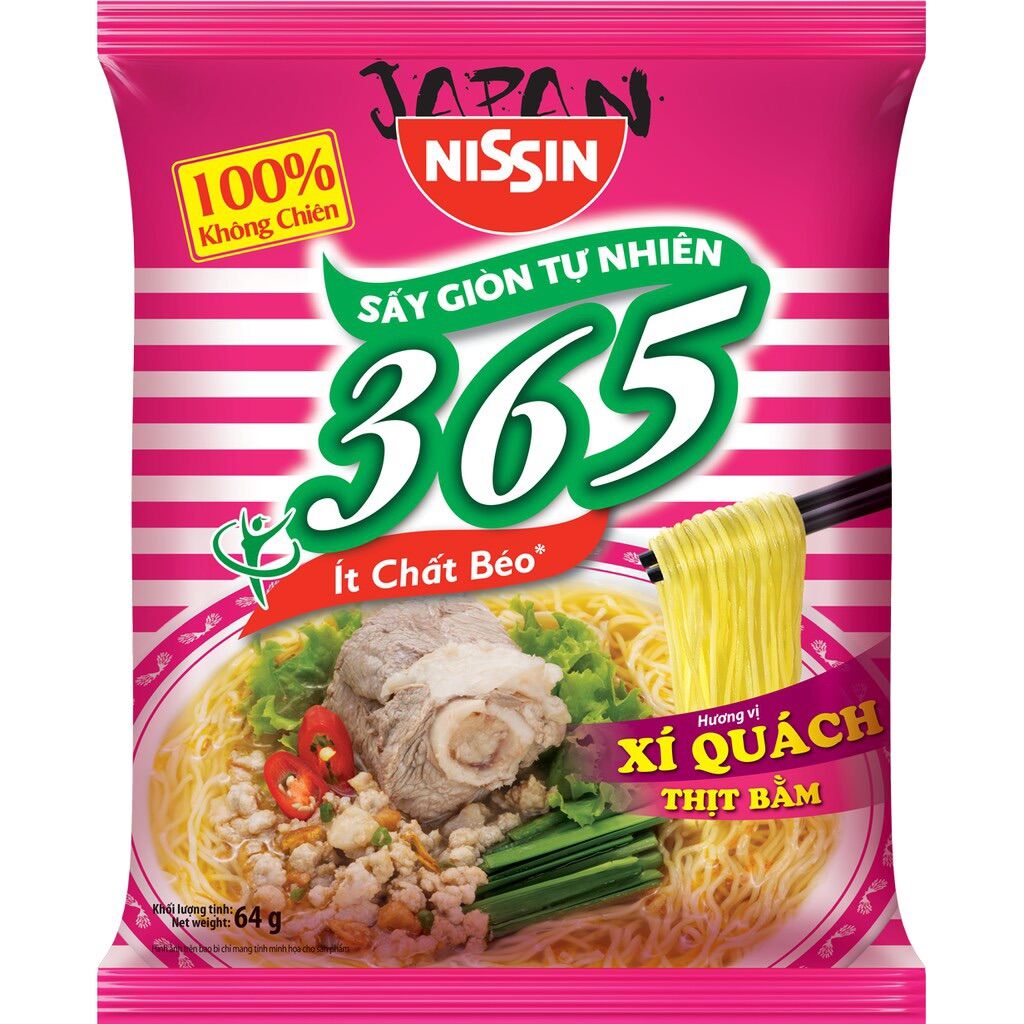 1 thùng mì không chiên NISSIN 365 vị xí quách thịt bằm. 20 gói..gói 66 gr gấp đôi gói mì thường